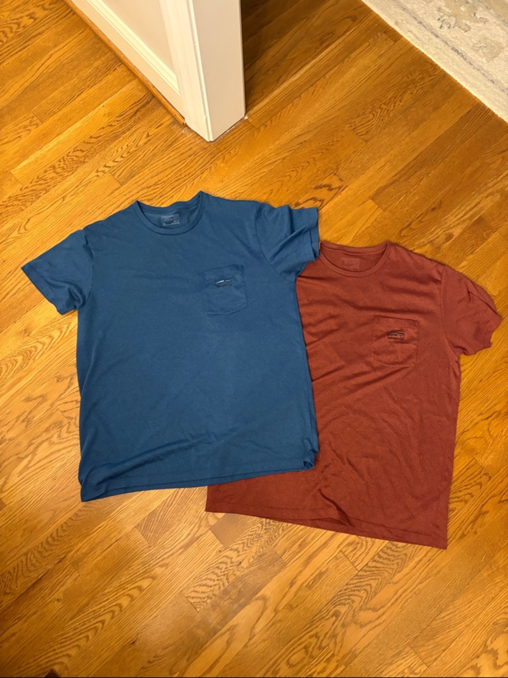 Patagonia Short Sleeve Pocket Tee in Blue and Rust Red